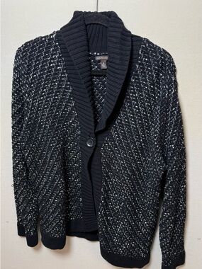 Dana Buchman Black and White Open-Weave Shawl Collar Cardigan